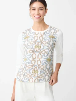 J.McLaughlin Alessandra Silk Blend Tee in Neo Beltmore Con OffWhite/Blue/Sand Hot