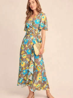 J.McLaughlin Audette Wrap Dress in Block Print Blooms Aqua/Brown/Gold Hot