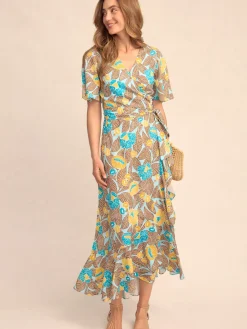 J.McLaughlin Audette Wrap Dress in Block Print Blooms Aqua/Brown/Gold Hot