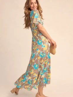 J.McLaughlin Audette Wrap Dress in Block Print Blooms Aqua/Brown/Gold Hot