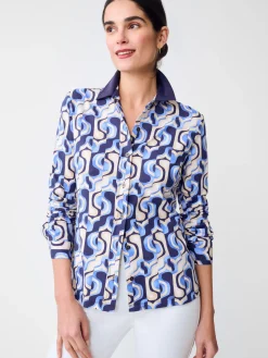 J.McLaughlin Betty Shirt in Abstract Curves Navy/Blue New