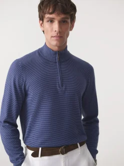 J.McLaughlin Brookhaven 1/4 Zip Sweater in Stripe Navy/Denim Discount