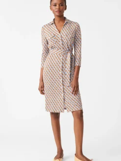 J.McLaughlin Brynn Dress in Mini Fernwood Geo Brown/DenimBlue Clearance