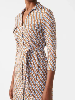 J.McLaughlin Brynn Dress in Mini Fernwood Geo Brown/DenimBlue Clearance
