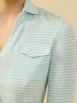 J.McLaughlin Brynn Linen Shirt in Stripe White/Aquamarine Outlet