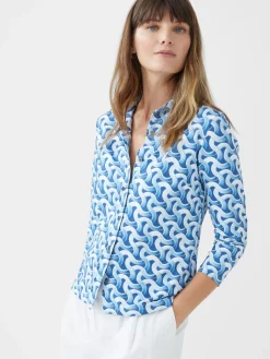 J.McLaughlin Cornelia 3/4 Sleeve Shirt in Mini Dream Weaver DarkBlue/Blue Hot