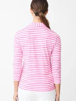 J.McLaughlin Court 3/4 Sleeve Polo in Santa Rosa Stripe White/Fuchsia Hot