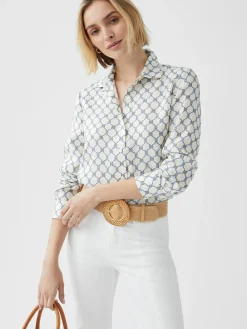 J.McLaughlin Denver Silk Blend Shirt in Sussex Interlock OffWhite/Blue Hot
