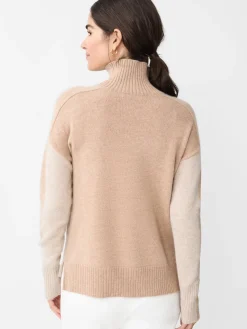 J.McLaughlin Dina Cashmere Turtleneck in Color Block HeatherOatmeal/Camel Hot
