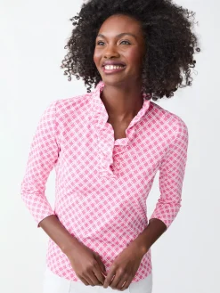 J.McLaughlin Durham Ruffle Top in Happy Hour Fuchsia/White Best