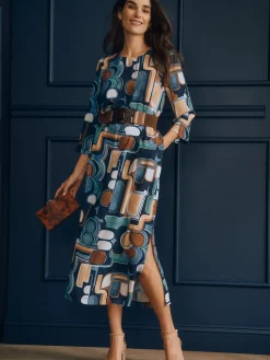J.McLaughlin Eldridge Dress in Midi Abstract Expressionism Navy/Brown/Aqua Online