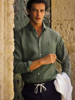 J.McLaughlin Gramercy Classic Fit Linen Shirt OliveGreen Fashion