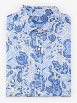 J.McLaughlin Gramercy Classic Fit Linen Shirt in Eastern Blooms Sand/Navy/Denim Outlet