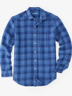 J.McLaughlin Gramercy Classic Fit Linen Shirt in Plaid Navy/Chambray Online