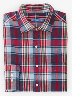 J.McLaughlin Gramercy Classic Fit Linen Shirt in Plaid Red/Blue/White Sale