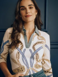 J.McLaughlin Greens 3/4 Sleeve Polo in Chevalier OffWhite/Blue/Coffee Outlet