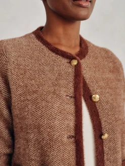J.McLaughlin Inez Cardigan in Herringbone Jacquard Brown/OffWhite Hot