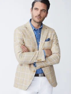 J.McLaughlin Lisbon Linen Sport Coat in Window Pane White/Tan/Blue Hot