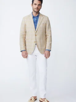 J.McLaughlin Lisbon Linen Sport Coat in Window Pane White/Tan/Blue Hot
