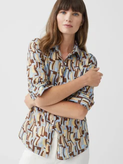 J.McLaughlin Lois Shirt in Abstract Waves Blue/Yellow/Brown New