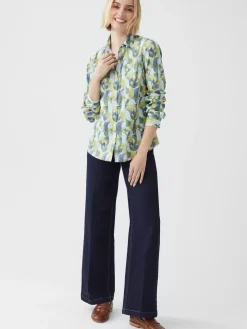 J.McLaughlin Lois Shirt in Mini Geometric Harmony LightBlue/Green/Navy Best