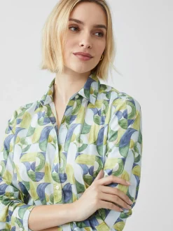 J.McLaughlin Lois Shirt in Mini Geometric Harmony LightBlue/Green/Navy Best