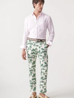 J.McLaughlin Lukas Linen Blend Pants in Desert Toile OffWhite/Green Fashion
