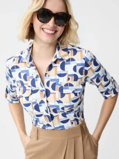 J.McLaughlin New Monroe Shirt in Mod Moons Camel/Blue/LightBlue Best
