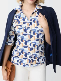 J.McLaughlin New Monroe Shirt in Mod Moons Camel/Blue/LightBlue Best