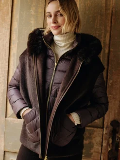 J.McLaughlin Nomi Puffer Jacket with Faux Fur Vest DarkBrown Clearance