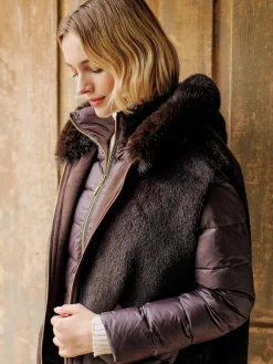 J.McLaughlin Nomi Puffer Jacket with Faux Fur Vest DarkBrown Clearance