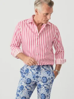 J.McLaughlin Rivera Classic Fit Shirt in Broad Stripe Fuchsia/White Sale