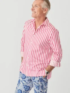 J.McLaughlin Rivera Classic Fit Shirt in Broad Stripe Fuchsia/White Sale