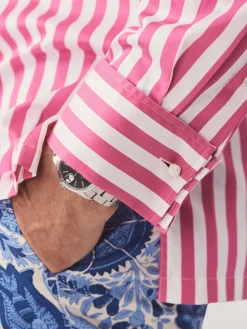 J.McLaughlin Rivera Classic Fit Shirt in Broad Stripe Fuchsia/White Sale