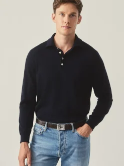 J.McLaughlin Savona Merino Wool u0026 Silk Polo Sweater DarkNavy Online