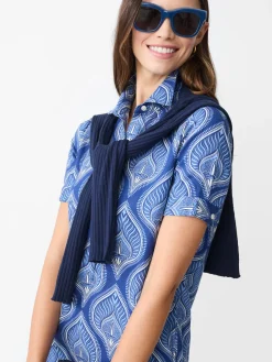 J.McLaughlin Teresa Linen Blend Dress in Neo Tangier Geo Blue/Cornwall Clearance